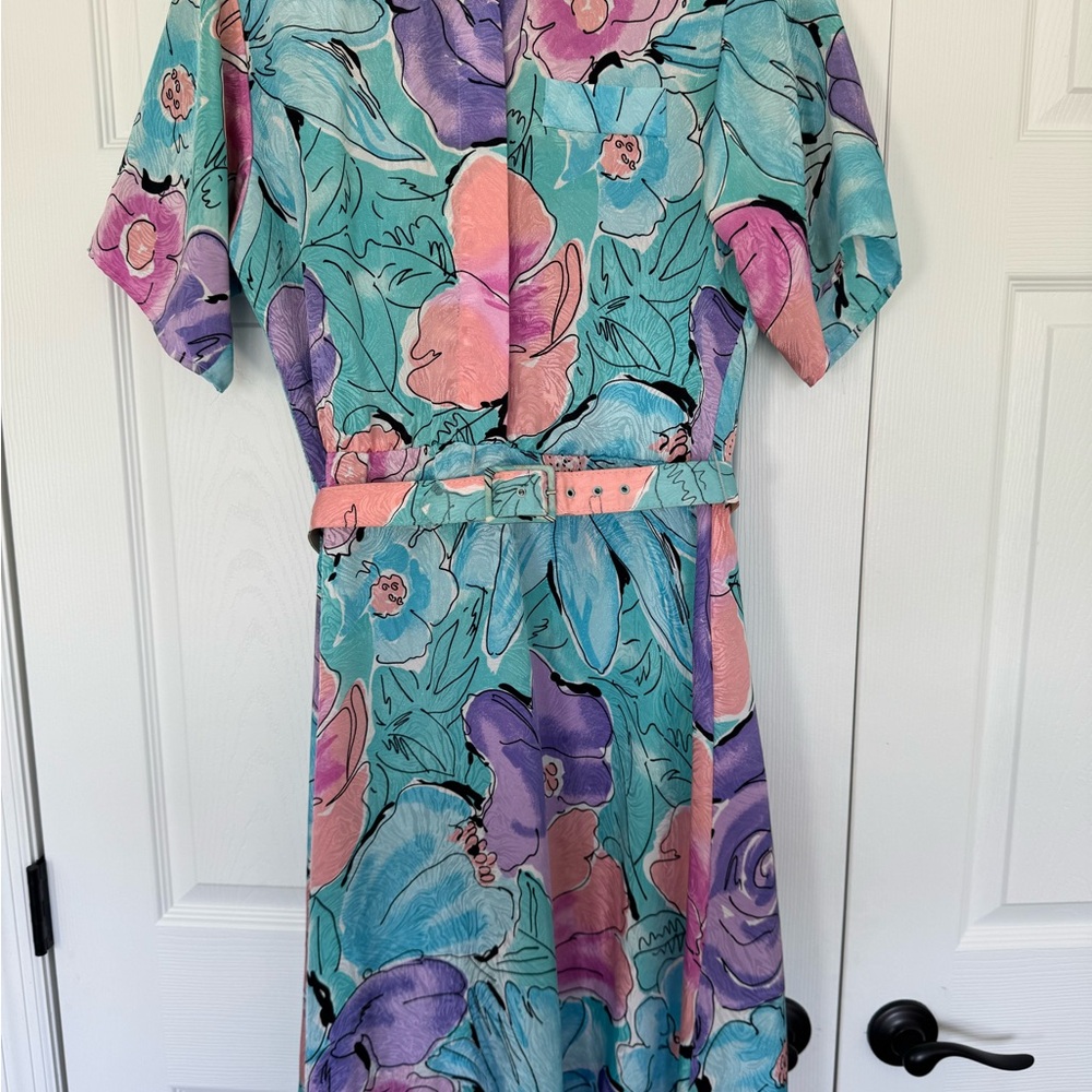 Vintage Women’s Floral Polyester Midi Dress